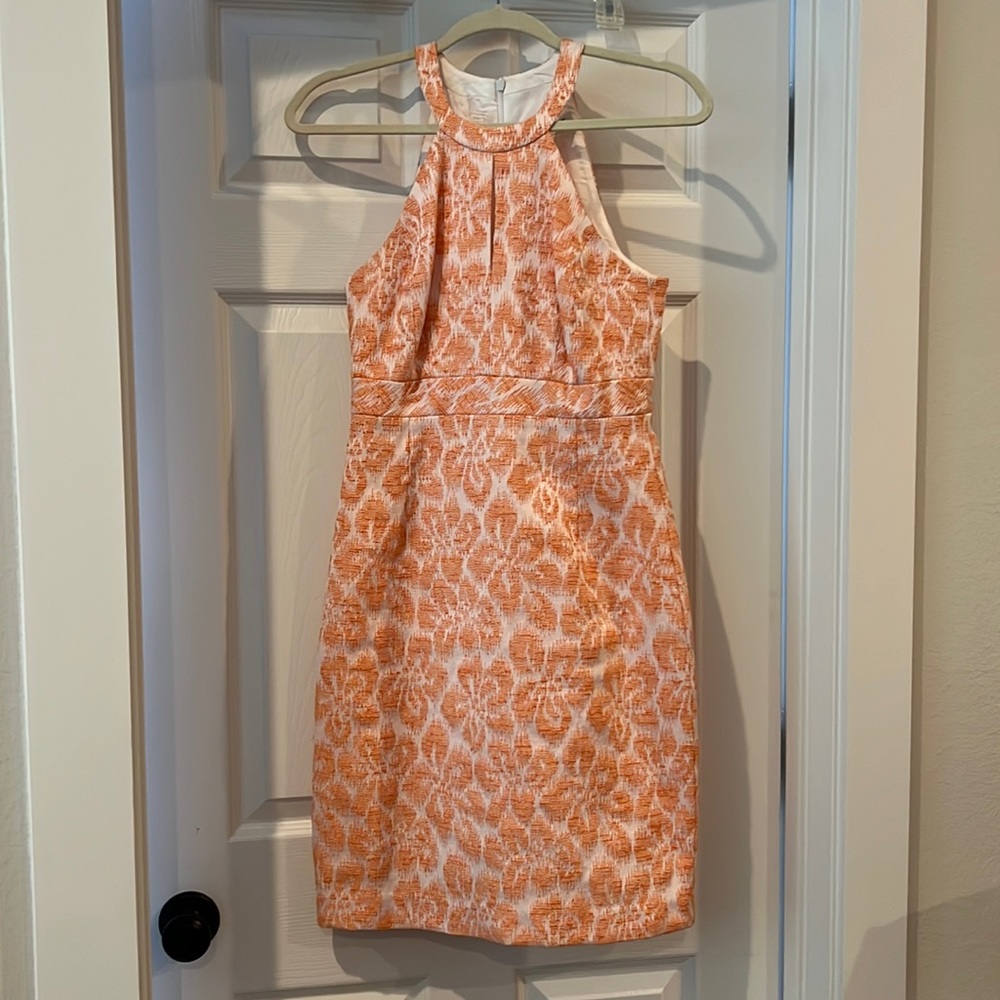 Trina Turk orange white embroidered dress razorback neck pristine condition 2
